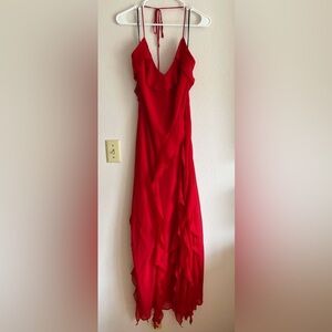 WAYF The Alice Halter Neck Ruffle Gown in Red